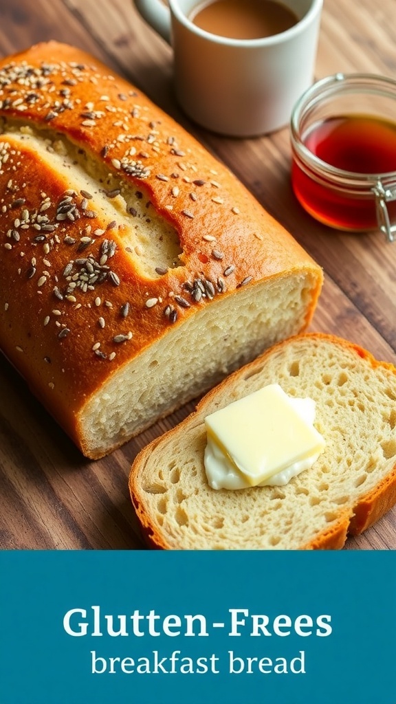 A loaf of gluten-free breakfast bread sliced, with butter melting on a slice, set on a rustic table with honey and coffee.